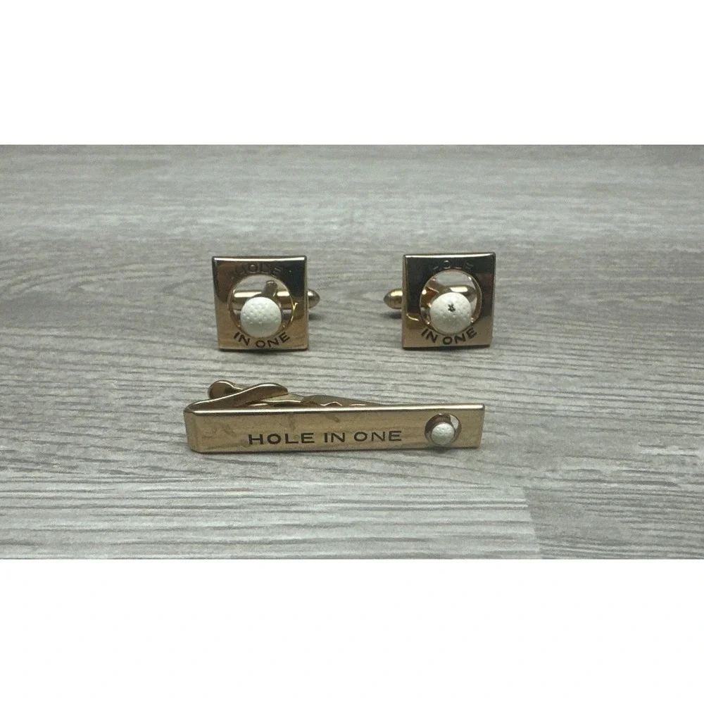 Vintage SWANK Gold-Tone Golf Themed Cufflinks&Tie Clip Set Hole In One Golf Ball